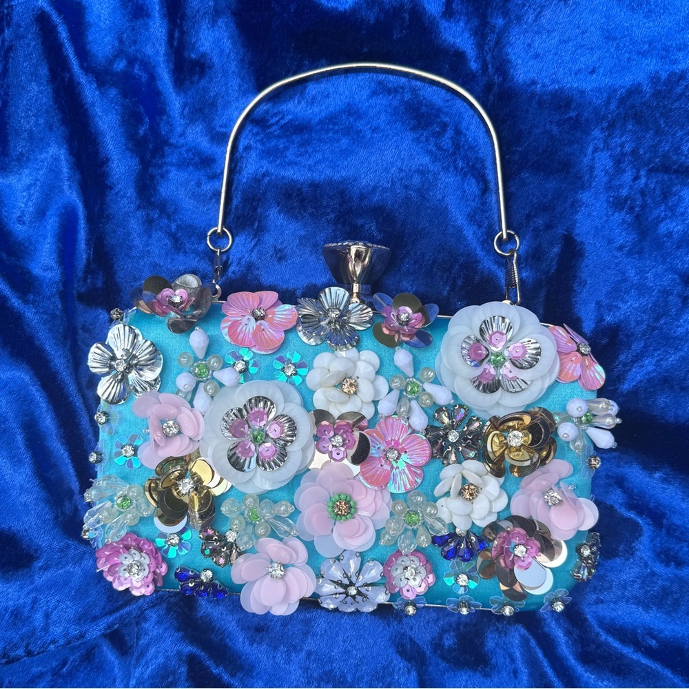 Floral Embellished Sequined Handbag - Blue and Pink